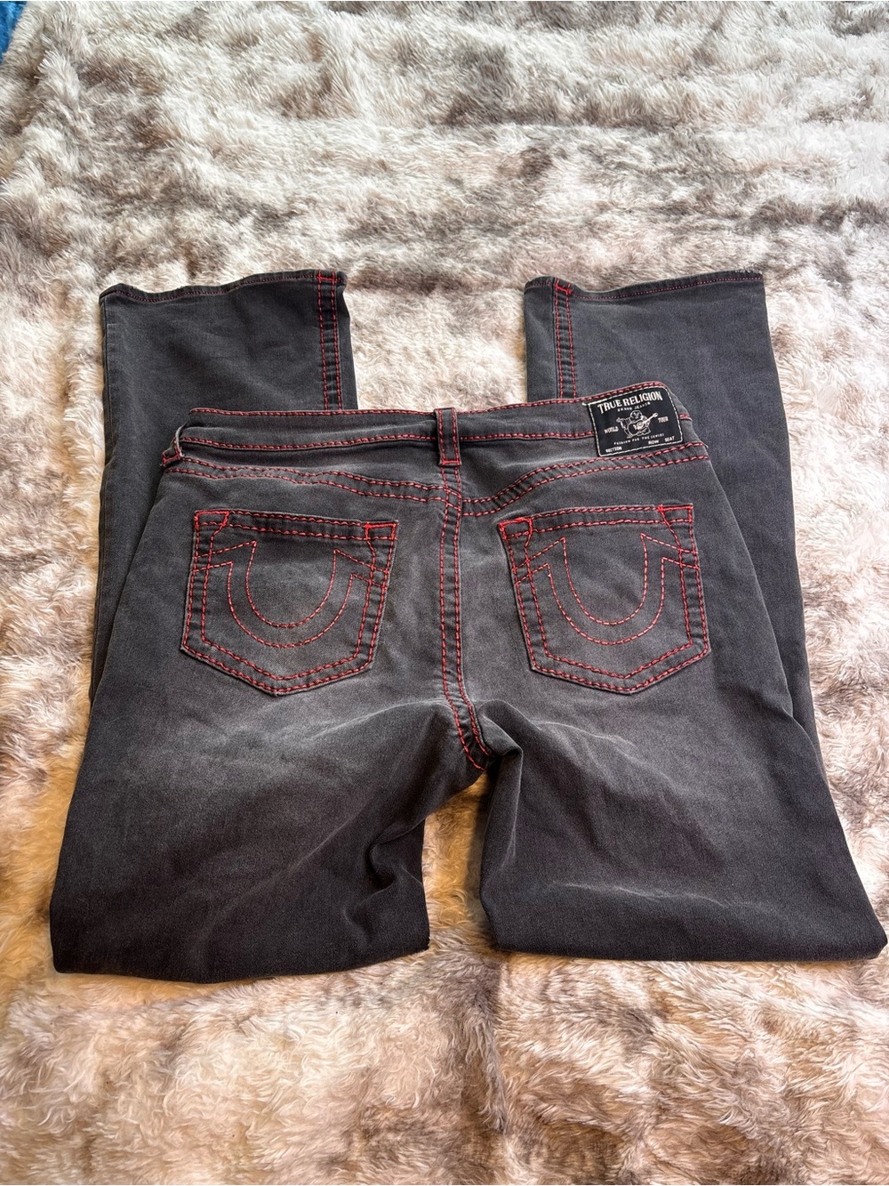 True Religion Black Boot Cut Jeans with Red Contrast Stitching